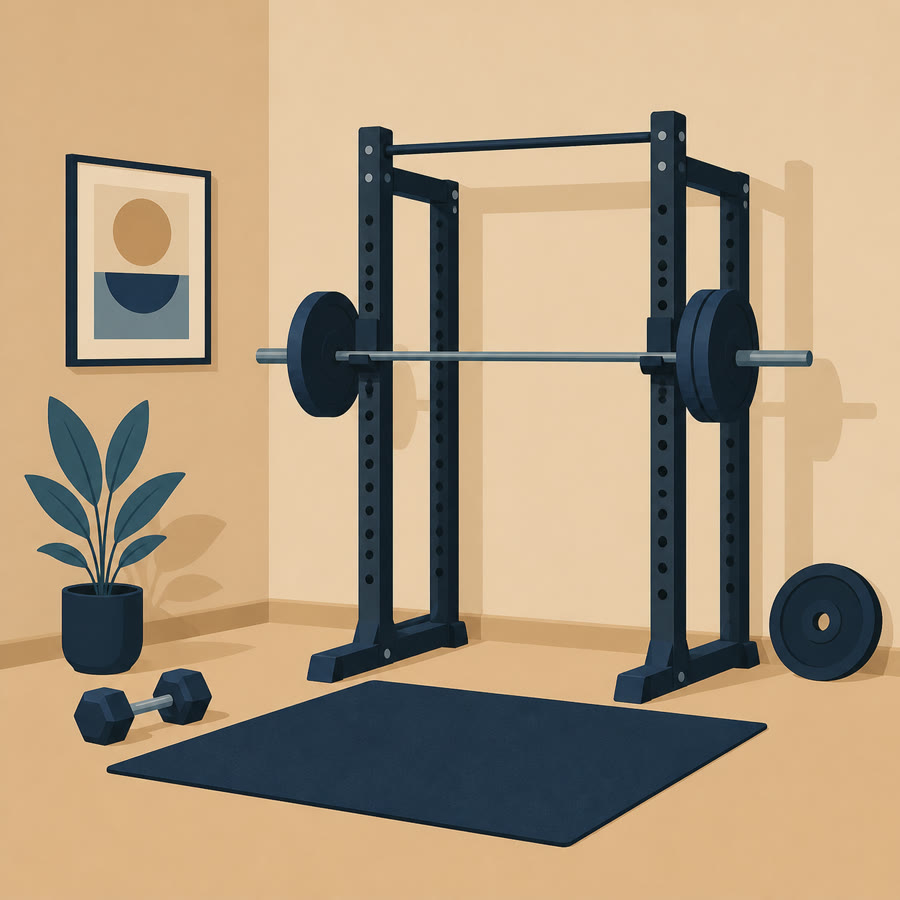 Illustration d'un coin d'entraînement avec rack et tapis
